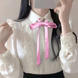 Mantieqingway Bow Tie for Women, Satin Ribbon Girls Self-tie Bowtie for Uniform, School, Wedding, Cosplay, T-shirt Accessory (Pink)