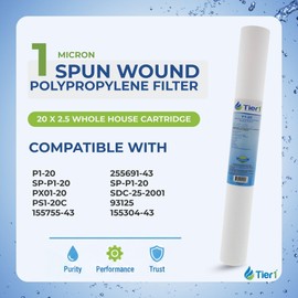 Tier1 1 Micron 20 x 2.5 Whole House Water Filter | Spun Wound Polypropylene Sediment Depth Filtration | Replacement for Pentek P1-20, SP-P1-20, PX01-20 | 2.5 x 20 Water Filter Cartridge (6 Pack)