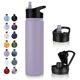 UMBFUN Stainless Steel Drinking Bottle – 750 ml – with Straw, Leak-Proof, Suitable for Carbonated Drinks, BPA-Free Thermos Bottle (+ 2 Lids) Vacuum Double Wall Insulation for Sports, Travel, Camping,