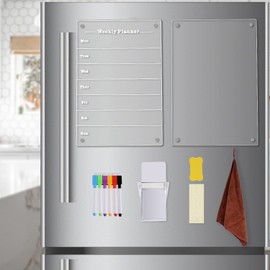 AIEX 2pcs Weekly Meal Planner Magnetic Acrylic Board for Fridge, 13x9'' Clear Weekly Calendar, Magnetic Dry Erase Menu Board with Dry Erase Markers Cleaning Towel Pen Holder for Refrigerator