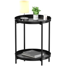 EKNITEY 2 Tier End Table - Metal Side Table Waterproof Small Sofa Coffee Side Tables Bedroom Indoor Outdoor with Removable Tray for Living Room Bedroom Balcony and Office (Black) | EKNITEY