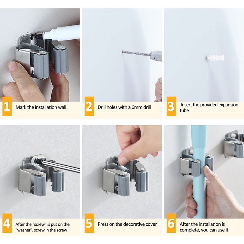 PAMIYO Broom Holder Wall 8 Pieces Tool Holder Hook Rail