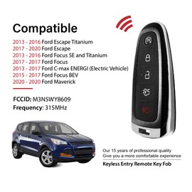 Keylessbest Replacement for 2013 - 2020 Ford Focus SE BEV C-max Maverick Key Fob Remote Control M3N5WY8609 5 Buttons 315MHz