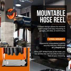 SuperHandy Air Hose Reel Retractable Industrial 3/8" Inch x 50' Feet Long Premium Commercial Flex Hybrid Polymer Hose Spring Driven Steel Construction Ultra Heavy Duty