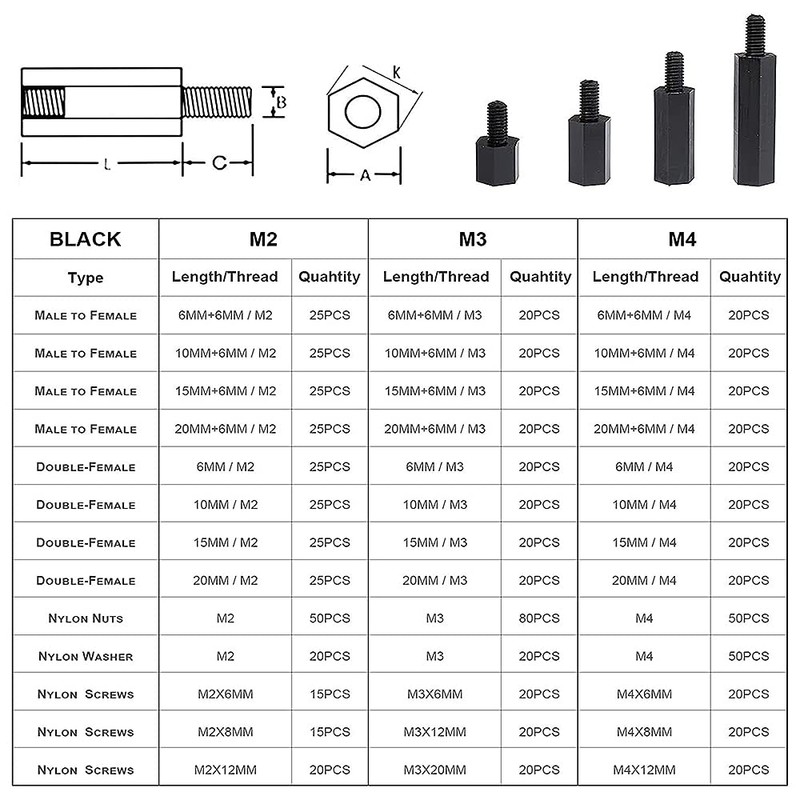 M3 Nylon Screw Nut 320 Piece Set Hex Spacer Screw