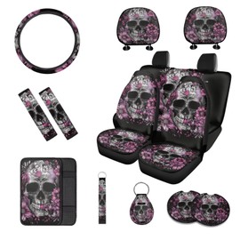 Rucaresri Silver Skull Pattern Auto Seat Cover Set of 13, Purple Flowers Car Front & Back Seat Cover with Steering Wheel Cover, Seat Belt Covers Cup Holder Keychain, Fit for Most Cars SUV