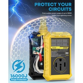 Kohree RV Surge Protector 50 amp with LED Real-time Large Screen Display Voltage Current KWH, 16000 Joules Auto Shut Off, Circuit Analyzer RV Power Surge Protector Waterproof for Camper, Yellow