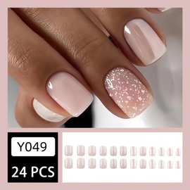 Bkemkri Pack of 24 Square Nails for Sticking, French Press On Nails, Short Nail Stickers, Nude Pink Ballerina, French Fake Nails, Gel, Square Pearlescent Acrylic False Nails for Women and Girls
