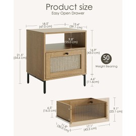 Apetaccat Rattan Nightstand,Large Modern Night Stand Boho Farmhouse Wood Bedside Table with Storage Drawer and Open Shelf,Large End Side Table for Bedroom,Living Room,Office(Natural)