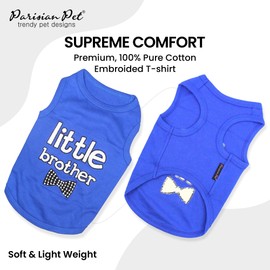 Parisian Pet Dog T-Shirt - Embroidered ' Little Brother ' 100% Cotton, Boy Dog Shirts - Sleeveless Pet Vest - Machine Washable Dog Clothes for Medium-Sized Dogs M