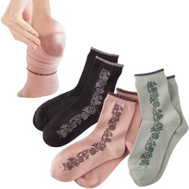 Heel Slimming Socks, Set of 3 Colors, Rose Pattern, with Moisturizing Sheet, Cotton Filled Material, for Sleeping, Women's, 8.7-9.6 inches (22-24.5 cm), Black, Pink, Green