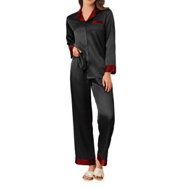 Ekouaer Silk Satin Pajamas Long Sleeve Button Up Pjs 2 Piece Lounge Sets Pj Sets for Women Black S