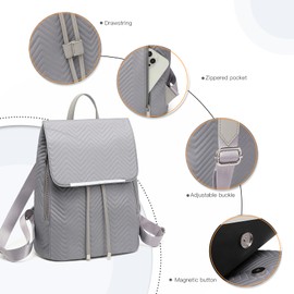 Miss Lulu Women's Faux Leather Backpack Elegant Rolltop Backpack Women's Drawstring Design City Backpack Bag School Backpacks, 2-grey, M, Casual chic