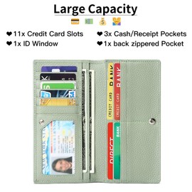 SENDEFN Women's Thin Wallet, Genuine Leather, Small Purse, RFID Protection, Thin Clutch for Women with 11 Card Slots and Zip Coin Compartment, light green, Modern