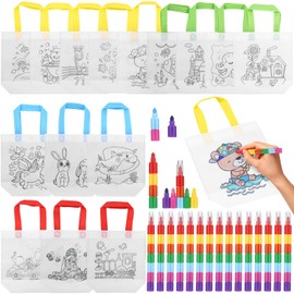 Pack of 30 Fabric Bags for Painting Suit, 15 Bags for Painting for Children and 15 Pieces Stackable Wax Crayons (7 Colours in 1), for Party Bags, Children's Birthday, Craft Set Children's Birthday