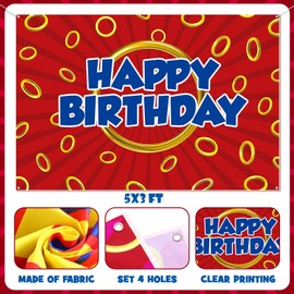 Tingjoo Cartoon Birthday Backdrop Photography Blue with Gold Ring Print Themed Party Banner Video Games Party Backdrop Photo Background Supplies (Red,5x3ft)
