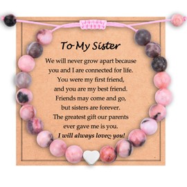 ADVIOK Gifts for Sister Sweet Heart Charm Natural Pink Stone Bracelet Adjustable for Girls Bestie Big Sister Little Sister Birthday Gift Christmas Jewellery