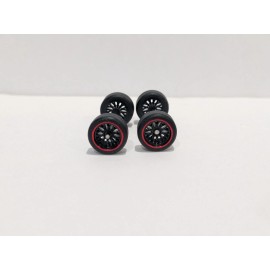 Unbranded 1:64 Scale 11mm Black Mesh with Red Lip BBS Real Rider style wheels and tires