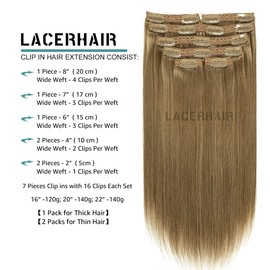 Lacerhair Remy Hair Clip in Extensions Human Hair Color #8 Light Brown 16 Inch Real Natural Lace Clip in Hair Extensions Silky Straight Full Head 7 Pieces 120 Gram Per set