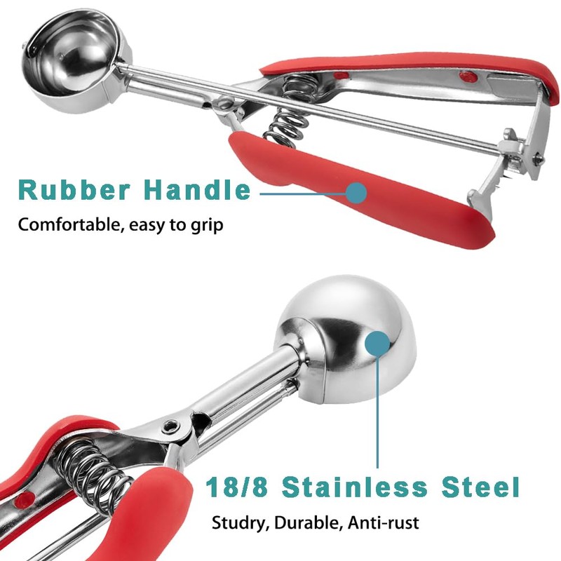 HOMURE Cookie Scoop - 1.5 Tbsp, Spring-Loaded, Red, Stainless Steel,