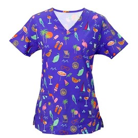 Green Town Women's Performance V-Neck Medical Scrub Stretch Tops, Tropical Summer Blue, Small