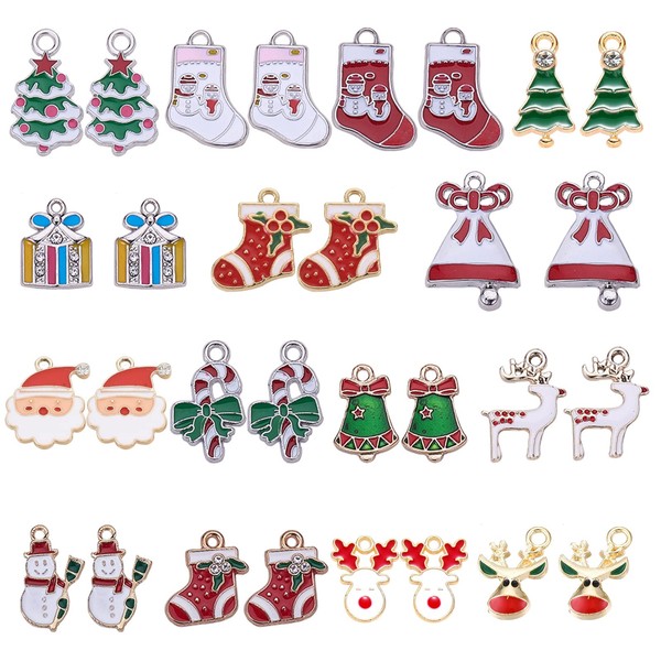 SUNNYCLUE 1 Box 32pcs Rhinestone Christmas Pendant Charms for Necklace Bracelet Jewelry Making Christmas Tree Decor Accessory Xmas Tree Snowflake Snowman Reindeer Charms