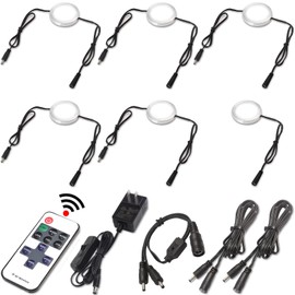 Lvyinyin Curio Cabinet Lights Kit, Over Under Counter LED Puck Lights, Easy to Mount, Low Profile 0.3", 120V Wall Plug in, RF Remote Dimmable, Linkable, Black Cables, Daylight 6000K, 6 Lights