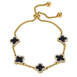 Dascus Clover Bracelet For Women 18K Gold Plated White/Black/Gold Flower Four Leaf Clover Bracelets Trendy Adjustable Jewelry Luky Gifts for Women (DZ-Black)