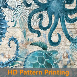 GOOESING Nautical Biological Theme Shower Curtain Blue Ocean Sea Turtles Octopus Seahorse Beach Coral Reef Vintage Nautical Map Curtain Fabric Bathroom with Hooks Washable, Teal,72 X 72 Inch