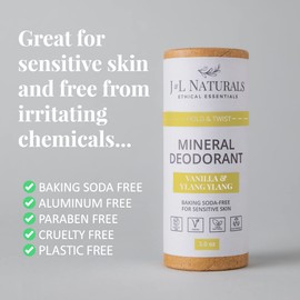 J&L Naturals Mineral Deodorant | Baking Soda-Free, 100% Natural, Sustainable | Sensitive Deodorant For Women & Men | Aluminum Free, Vegan, Cruelty-Free (Vanilla & Ylang Ylang, 3 Oz (Pack of 1))
