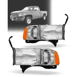 Headlight fit 1994-2001 Dodge Ram 1500 Compatible with 1994-2002 Ram 2500/3500 Headlamp (Non-Sport Models) Amber Reflector Replacement Pair Chrome Housing Left+Right
