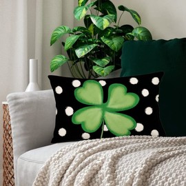 Xihomeli St. Patrick's Day Throw Lumbar Pillow Cover 12 x 20 Inch Black White Polka Dot Shamrock Clover Cushion Case Decoration for Sofa Couch