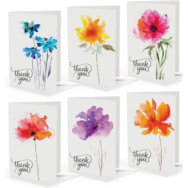 Floral Thank You Cards, Bulk Pack 100 Cards With Envelopes, Extra Thick Cards In BEAUTIFUL BOX, 6 Modern Designs, Thank You Notes For Professional Business, Engagement, Wedding, Bridal, Baby Shower