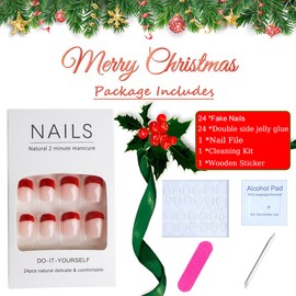French Tip Christmas Press on Nails Short Square Fake Nails False Nails with Santa Claus and Elk Designs Glossy Press ons Glue Stick on Nails for Women 24Pcs