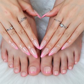 Pink French Tips Press on Toenails Light Pink Press on Nails Medium Almond Fake Nails with Designs Full Cover Pink Stick on Toenails Glossy Summer False Toenails for Women Girls DIY Manicure 48Pcs