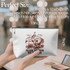 Forest Charger Cow & Mountain Makeup Bag - Christian Cowgirl Cosmetic Pouch, 'Follow The Word' Bible Verse Design, Faith-Based Rodeo Gift