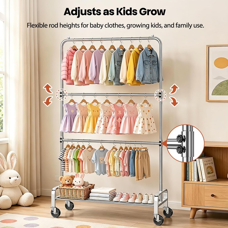 Heavy Duty Kids Clothing Rack Rolling Large Storage Capacity Dress