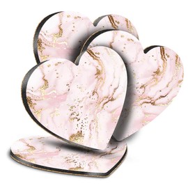 4 x Heart Coasters - Pink & Gold Marble Art Anniversary Cork Backed MDF Glossy Tea Coffee Accessory #170719