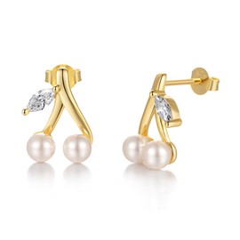 SWJEWEL Cherry Pearl Earrings Set for Women Stud CZ Zircon Earrings Sterling Silver Gold Plated Hypoallergenic 3mm Small Round White Pink Pearl Statement Earring 925 Cute Earring for Wedding Bridal