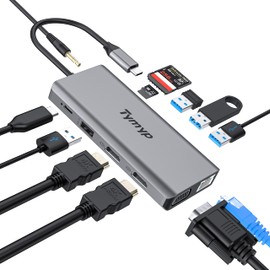 USB C Hub, Tymyp 12 in 1 USB C Hub Adapter with 4K HDMI x 2, 2 x USB 3.0, Gigabit Ethernet Port, 2 x USB 2.0, 100 W PD, VGA, SD/TF Card Reader, 3.5 mm Audio Jack USB C Dock Compatible with Laptop,