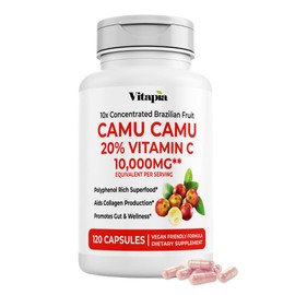 Organic Camu Camu Extract 20% Vitamin C Capsules - Immune, Collagen, Metabolism Support - 120 Veggie Capsules - Non GMO, Gluten Free, Vegan Supplement