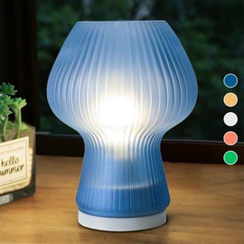 Rechargeable Ribbed Glass Mushroom Table Lamp with Timer, Battery Operated Vintage Aesthetic Led Mushroom Night Light for Bedroom, Cordless Mushroom Desk Lantern Lamp for Outfitters Home Decoration