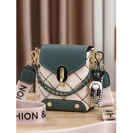 Fashionable Geometric Pattern Pu Leather Crossbody Bag As Gifts, 2025 New Versatile Shoulder Bags 2025 for Women, Trendy All-match Bag Charm Chain Flap Affordable Luxury Bag:_Emerald Green_one-size