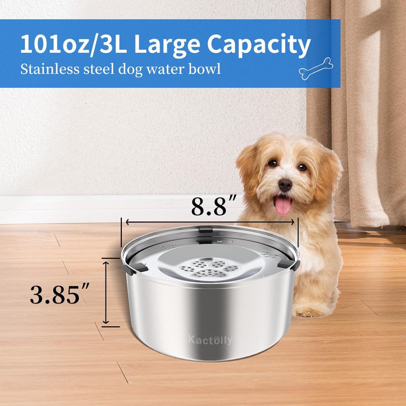 Kactoily 3L/101oz Large Capacity Dog Water Bowl Stainless Steel No