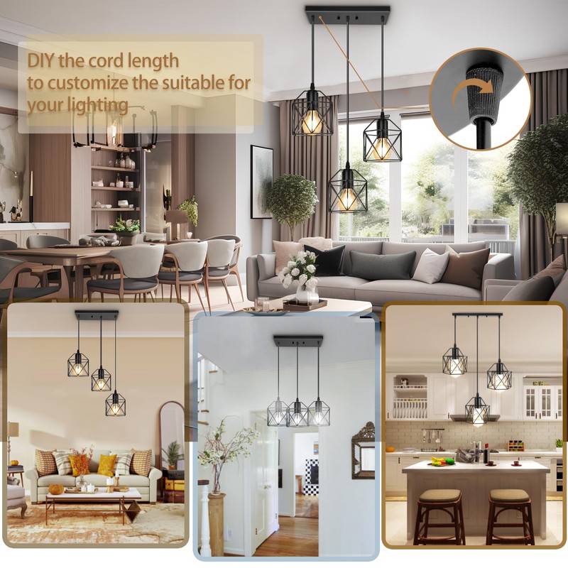 ROCUNSI 3-Light Hanging Pendant Light Fixtures, Farmhouse Kitchen Island Light