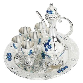 Alloy Wine Glass Pot Set Vintage Turkish Coffee Pot Set Tea Set Tea Tray Teapot for Home Bar, Tea Party (Sliver White Blue)