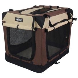 EliteField 4-Door Folding Soft Dog Crate with Curtains, Carrying Bag and Fleece Bed (2 Year Warranty), Indoor & Outdoor Pet Home (30" L x 21" W x 24" H, Brown+Beige)