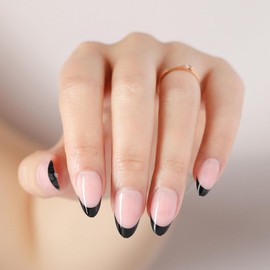 MRSCOL Press on Nails-Black French,32 Pcs French Tip Press on Nails Almond,Press On Nails Short Reusable 16 Sizes - 32 Nail Kit with Glue