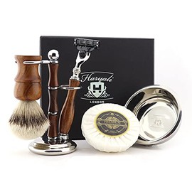 Haryali London 5Pc Wooden Mens Shaving Kit 3 Edge Cartridge Razor with Silver Tip Badger Hair Brush, Stand, Soap and Bowl Perfect New Year Gift Set for Men