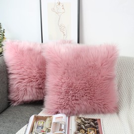 OYIMUA Blush Pink 16 x 16 Cushion Covers Pack of 2 Fluffy Soft Faux Fur Square Pillowcases, Luxury Home Decorative Fuzzy Pillow Covers Case 40cm x 40cm for Sofa Bed Living Room